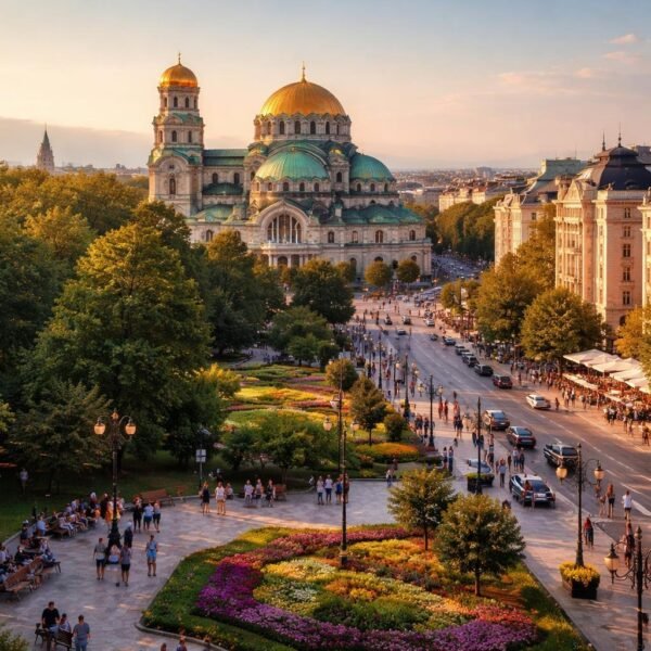 Vista da cidade de Sofia, Bulgária, mostrando a Catedral Alexander Nevsky, árvores verdes e pessoas caminhando pelas ruas.