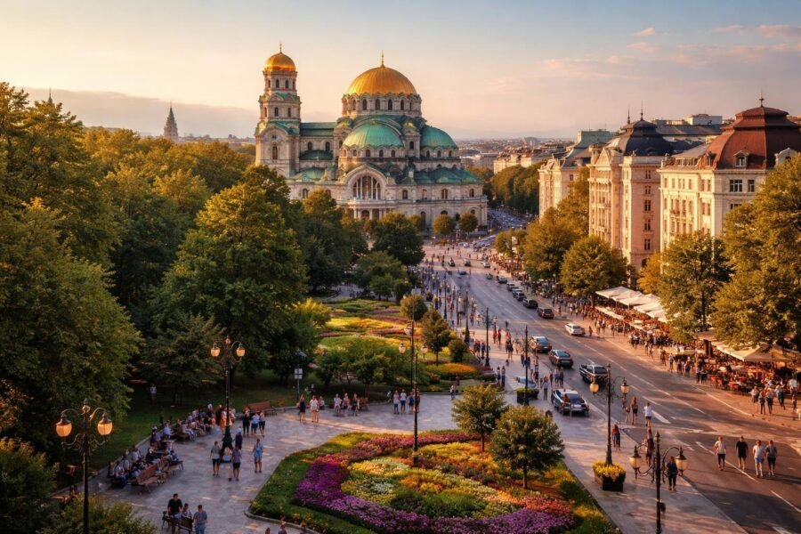 Vista da cidade de Sofia, Bulgária, mostrando a Catedral Alexander Nevsky, árvores verdes e pessoas caminhando pelas ruas.