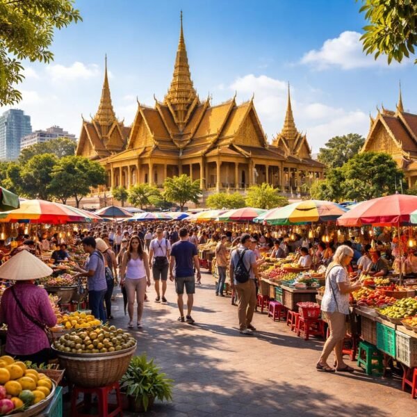 Vista da cidade de Phnom Penh com o Palácio Real ao fundo e um mercado movimentado em primeiro plano.
