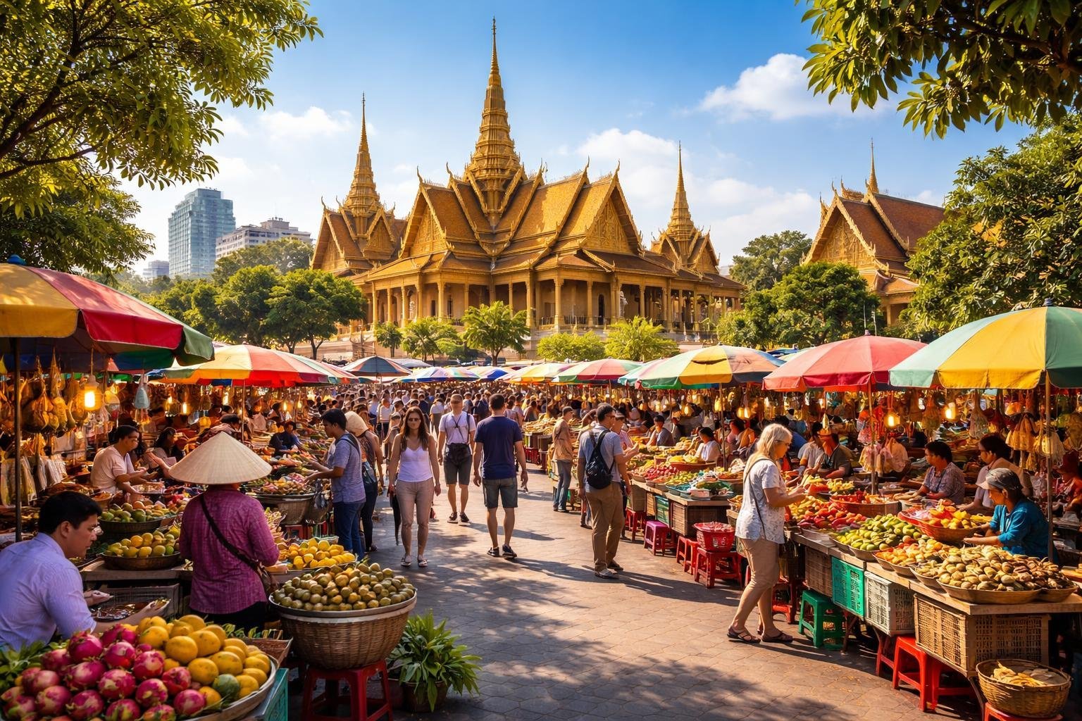 Vista da cidade de Phnom Penh com o Palácio Real ao fundo e um mercado movimentado em primeiro plano.