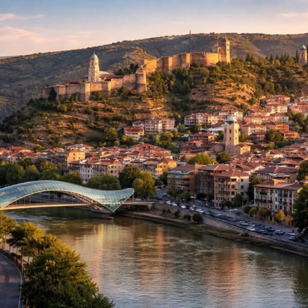 Vista panorâmica da cidade de Tbilisi com a Fortaleza Narikala no topo da colina e a Ponte da Paz sobre o rio Kura ao entardecer.