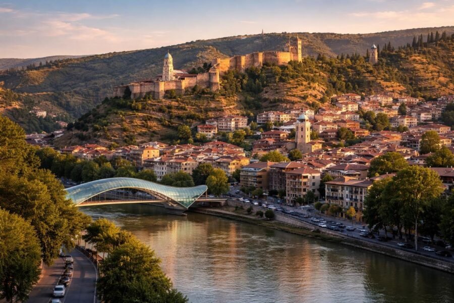 Vista panorâmica da cidade de Tbilisi com a Fortaleza Narikala no topo da colina e a Ponte da Paz sobre o rio Kura ao entardecer.