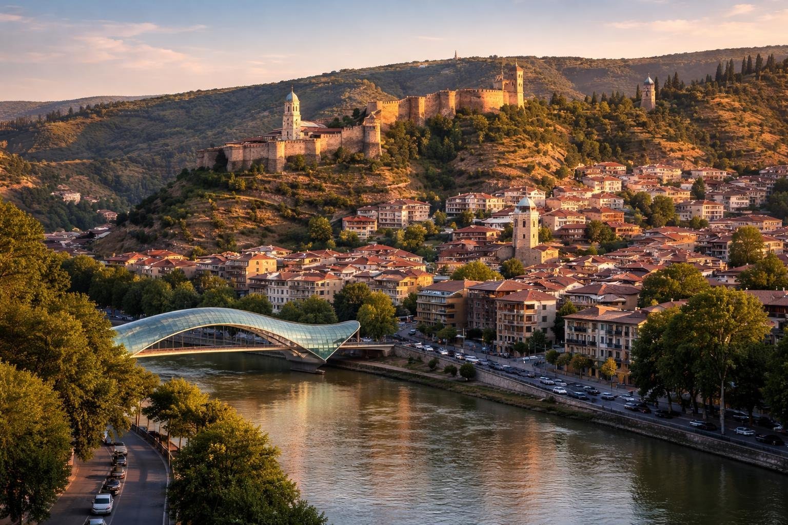 Vista panorâmica da cidade de Tbilisi com a Fortaleza Narikala no topo da colina e a Ponte da Paz sobre o rio Kura ao entardecer.
