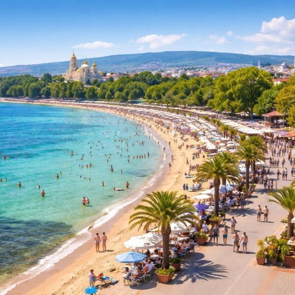 Vista da costa de Varna com praia, pessoas aproveitando o mar e o calçadão, além de prédios e árvores ao fundo.