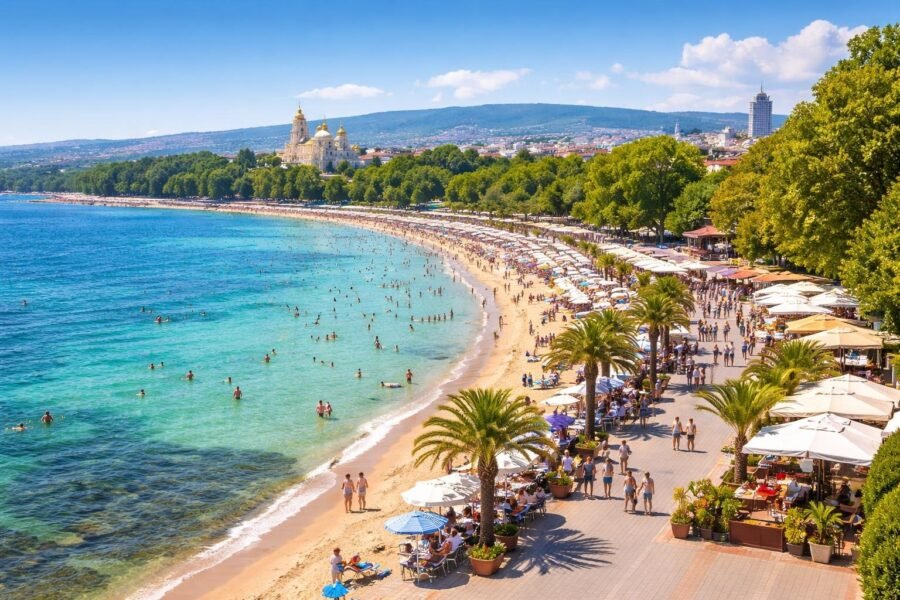Vista da costa de Varna com praia, pessoas aproveitando o mar e o calçadão, além de prédios e árvores ao fundo.