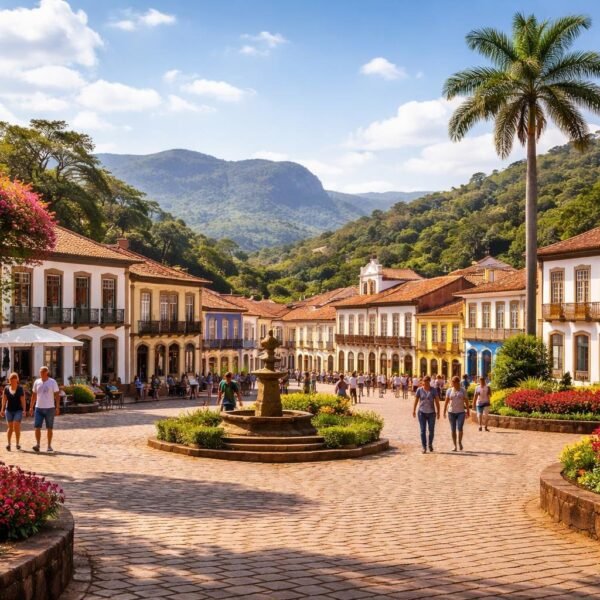 Praça central de Prados MG com prédios coloniais coloridos, pessoas caminhando, árvores e colinas ao fundo sob céu azul.