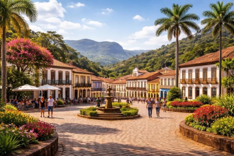 Praça central de Prados MG com prédios coloniais coloridos, pessoas caminhando, árvores e colinas ao fundo sob céu azul.