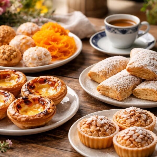 Uma mesa com uma variedade de doces tradicionais portugueses, incluindo pastéis de nata, travesseiros e queijadas, decorada com flores e uma xícara de café.