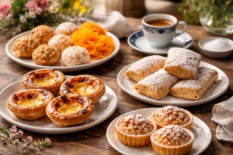Uma mesa com uma variedade de doces tradicionais portugueses, incluindo pastéis de nata, travesseiros e queijadas, decorada com flores e uma xícara de café.