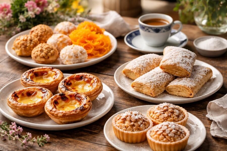 Uma mesa com uma variedade de doces tradicionais portugueses, incluindo pastéis de nata, travesseiros e queijadas, decorada com flores e uma xícara de café.