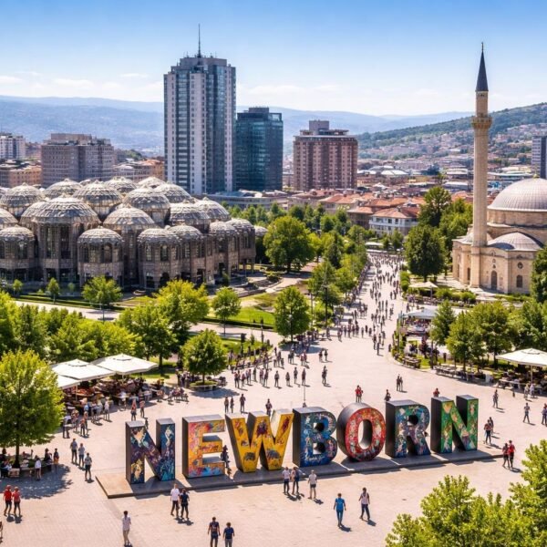 Vista da cidade de Pristina com edifícios modernos e históricos, pessoas caminhando pelas ruas e árvores ao longo das calçadas em um dia ensolarado.