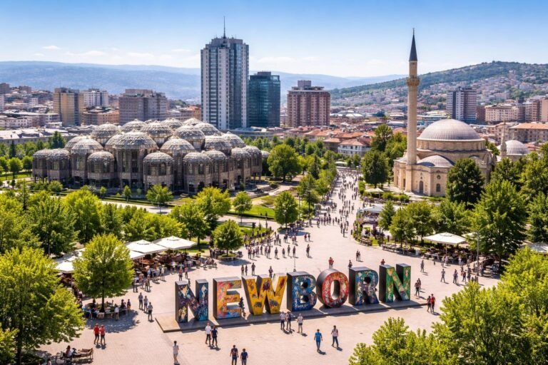 Vista da cidade de Pristina com edifícios modernos e históricos, pessoas caminhando pelas ruas e árvores ao longo das calçadas em um dia ensolarado.