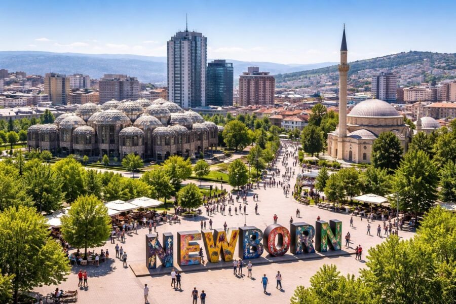 Vista da cidade de Pristina com edifícios modernos e históricos, pessoas caminhando pelas ruas e árvores ao longo das calçadas em um dia ensolarado.