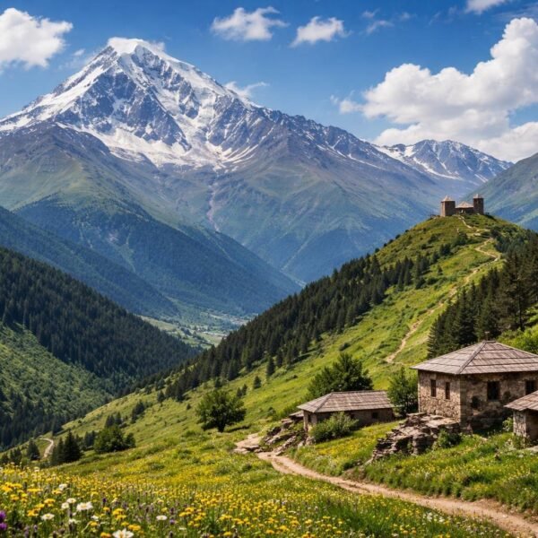 Vista panorâmica das montanhas de Kazbegi com o Monte Kazbek ao fundo, pastagens verdes, flores silvestres, casas tradicionais e a Igreja da Santíssima Trindade no topo de uma colina.