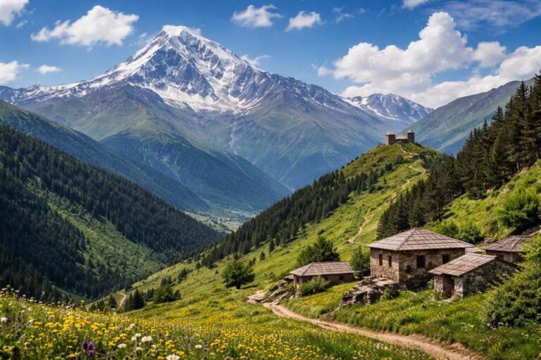 Vista panorâmica das montanhas de Kazbegi com o Monte Kazbek ao fundo, pastagens verdes, flores silvestres, casas tradicionais e a Igreja da Santíssima Trindade no topo de uma colina.