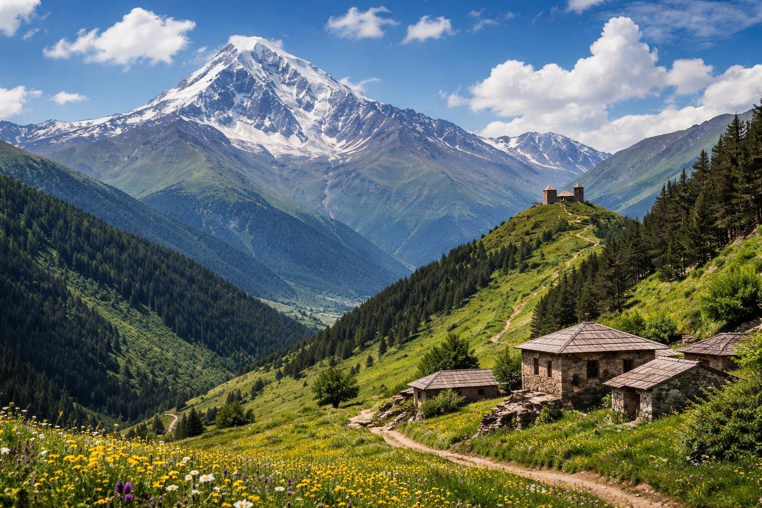 Vista panorâmica das montanhas de Kazbegi com o Monte Kazbek ao fundo, pastagens verdes, flores silvestres, casas tradicionais e a Igreja da Santíssima Trindade no topo de uma colina.