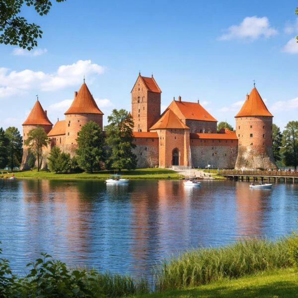Castelo medieval de Trakai em uma ilha cercada por água azul, com árvores verdes ao redor e um céu claro ao fundo.