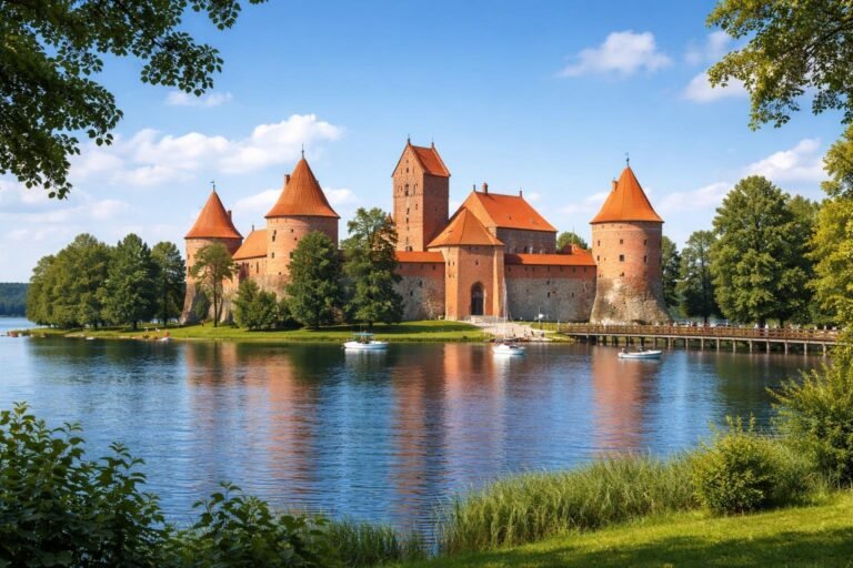 Castelo medieval de Trakai em uma ilha cercada por água azul, com árvores verdes ao redor e um céu claro ao fundo.