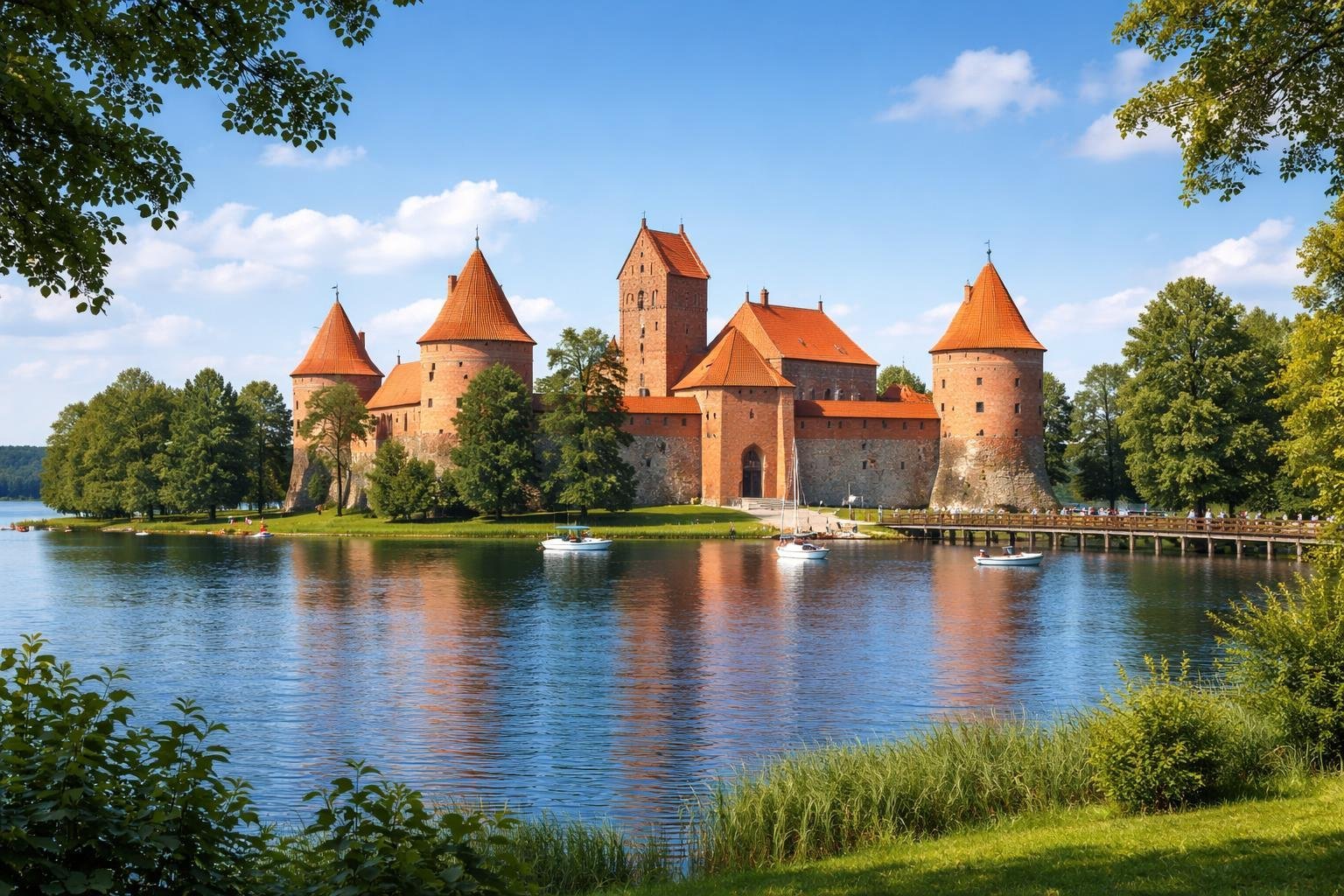 Castelo medieval de Trakai em uma ilha cercada por água azul, com árvores verdes ao redor e um céu claro ao fundo.