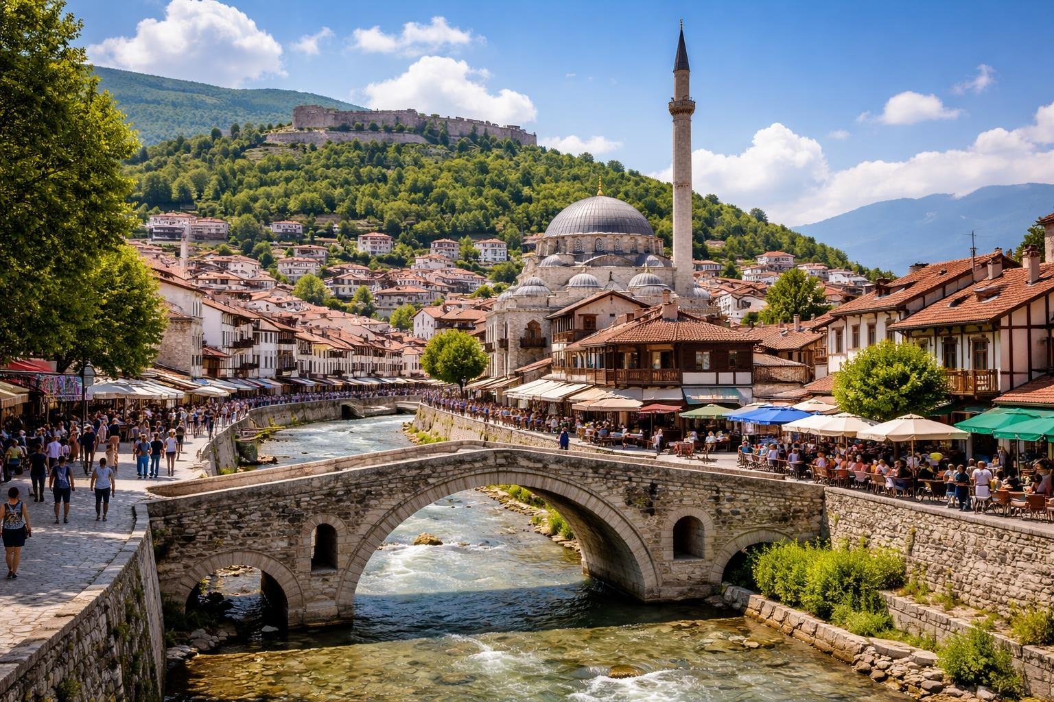 Vista da cidade de Prizren com pontes de pedra, arquitetura tradicional, pessoas caminhando e a fortaleza ao fundo sob céu azul.