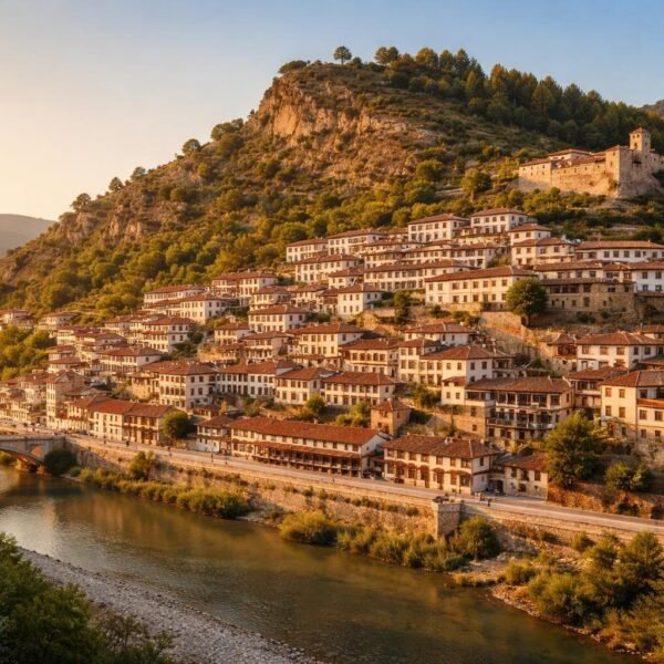 Vista da cidade histórica de Berat, Albânia, com casas brancas de telhado vermelho em uma colina, um castelo medieval e um rio cercado por vegetação.