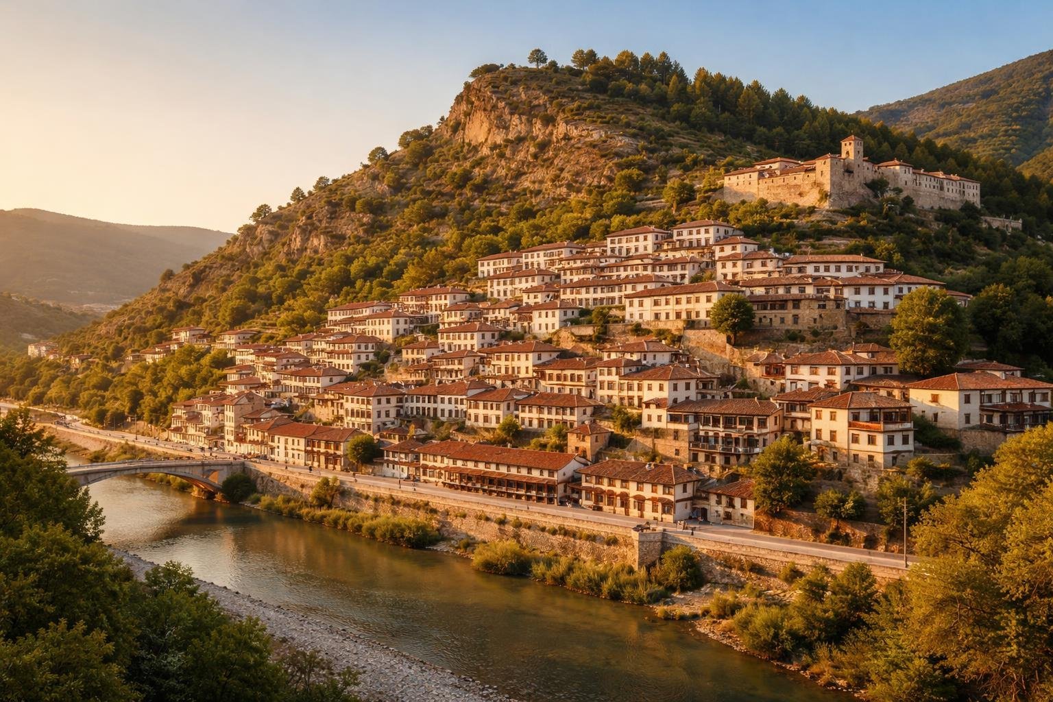 Vista da cidade histórica de Berat, Albânia, com casas brancas de telhado vermelho em uma colina, um castelo medieval e um rio cercado por vegetação.