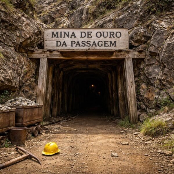 Entrada de uma mina de ouro em uma montanha rochosa com ferramentas de mineração no chão e vegetação ao redor.