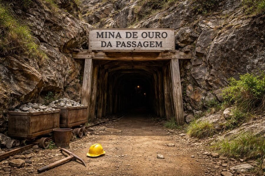 Entrada de uma mina de ouro em uma montanha rochosa com ferramentas de mineração no chão e vegetação ao redor.
