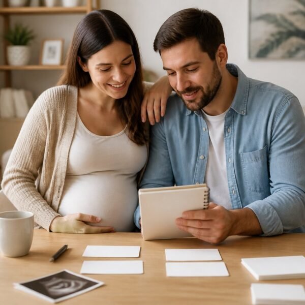 Casal esperando um bebê escolhe nomes juntos à mesa, com caderno, cartões em branco e uma imagem de ultrassom.