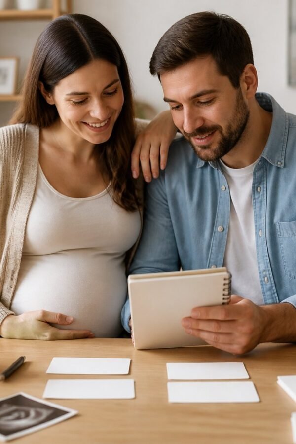 Casal esperando um bebê escolhe nomes juntos à mesa, com caderno, cartões em branco e uma imagem de ultrassom.