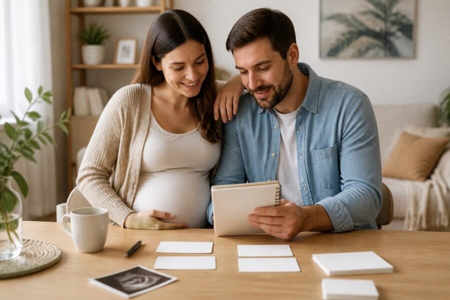 Casal esperando um bebê escolhe nomes juntos à mesa, com caderno, cartões em branco e uma imagem de ultrassom.