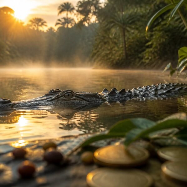 Jacaré parcialmente submerso em um rio ao amanhecer, cercado por vegetação tropical e névoa suave.