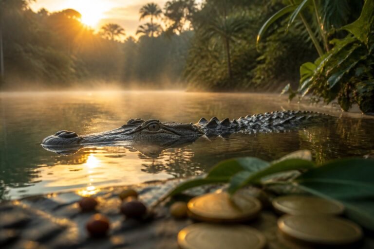 Jacaré parcialmente submerso em um rio ao amanhecer, cercado por vegetação tropical e névoa suave.