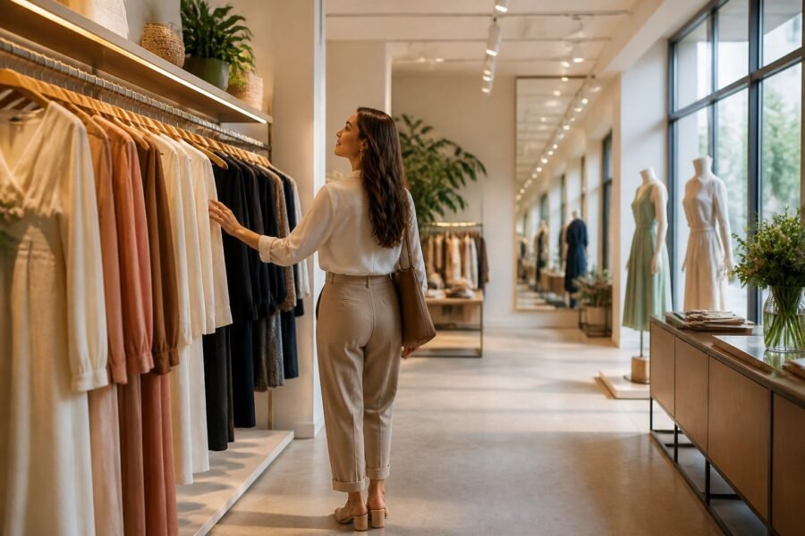 Pessoa observa roupas em uma loja elegante e bem iluminada.