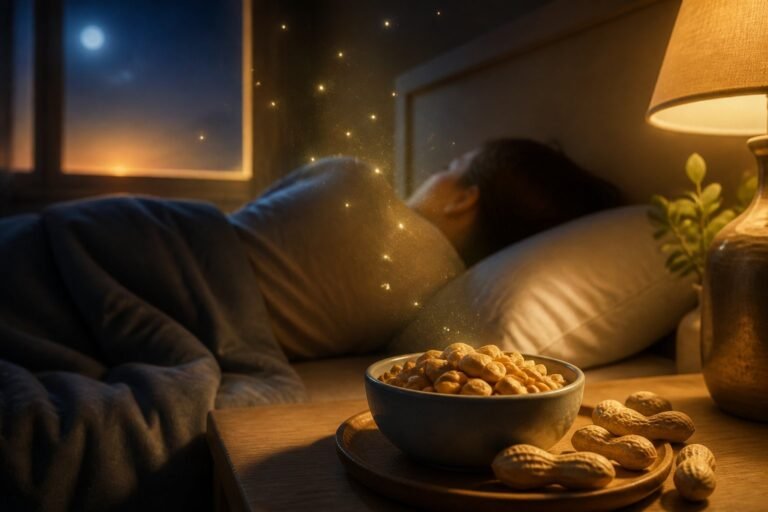 Pessoa dormindo ao lado de uma tigela com amendoins em um quarto iluminado suavemente.