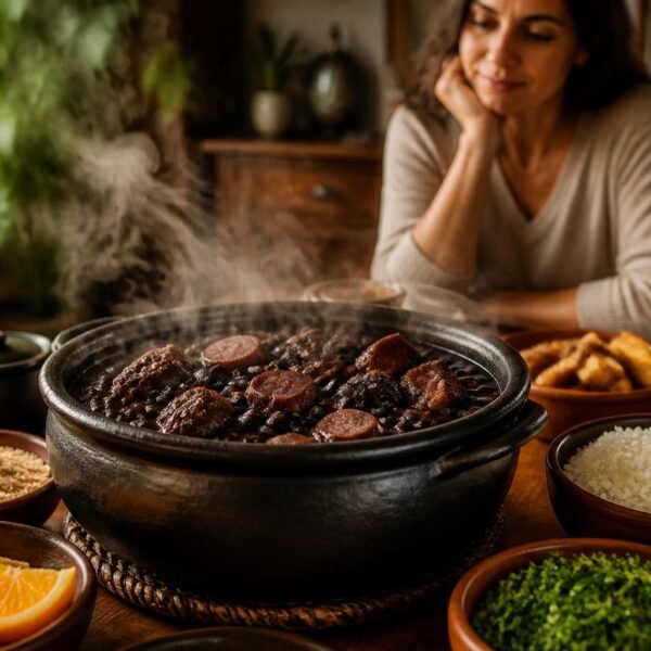 Pessoa pensativa observa uma panela de feijoada fumegante acompanhada de arroz, couve, farofa e laranja sobre uma mesa.