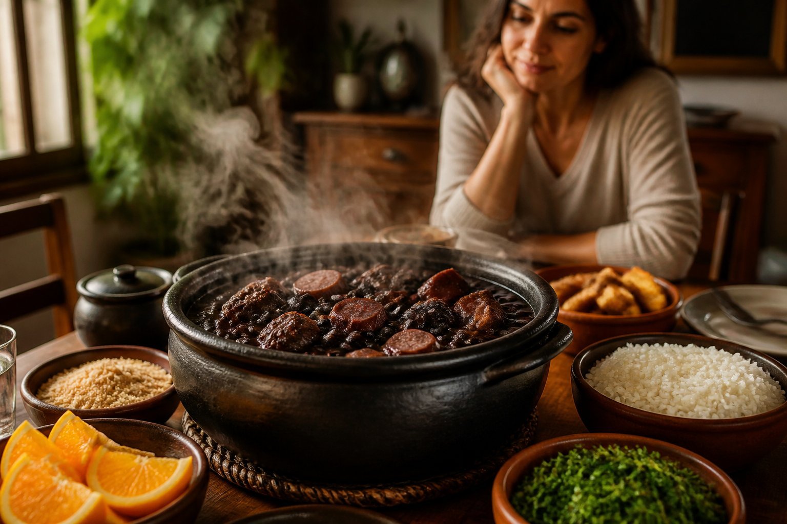 Pessoa pensativa observa uma panela de feijoada fumegante acompanhada de arroz, couve, farofa e laranja sobre uma mesa.