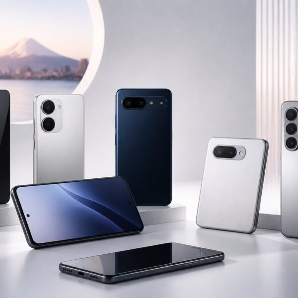 Vários celulares japoneses modernos organizados sobre uma superfície clara.