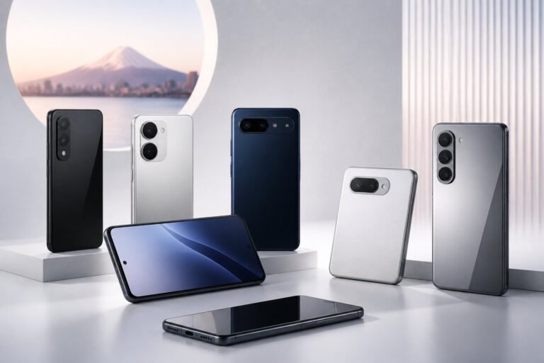 Vários celulares japoneses modernos organizados sobre uma superfície clara.