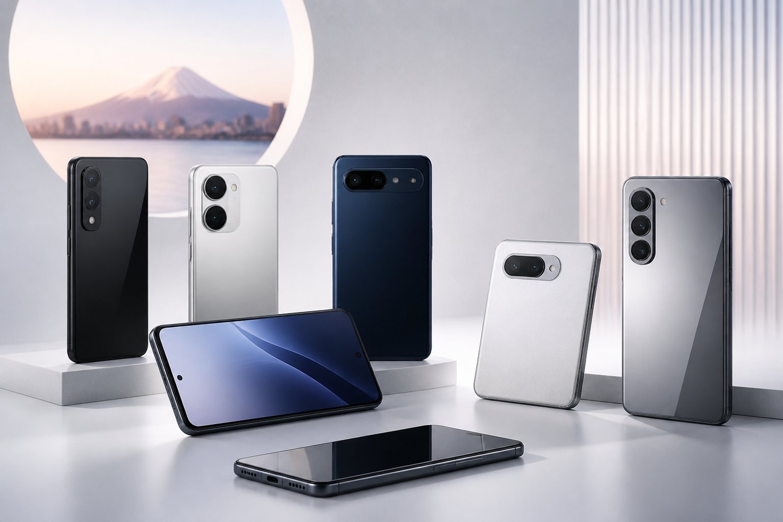 Vários celulares japoneses modernos organizados sobre uma superfície clara.