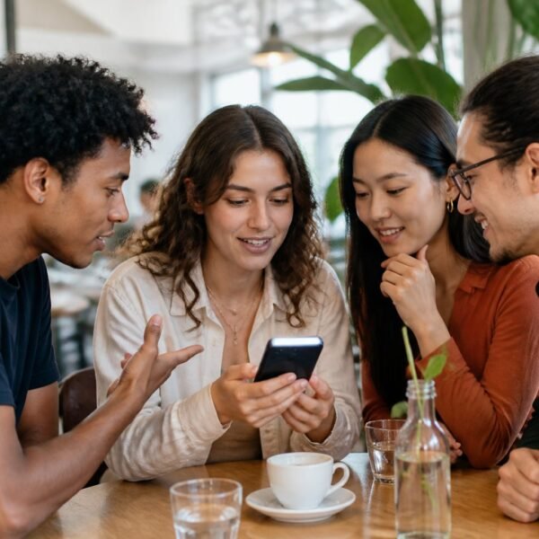 Jovens conversam em um café enquanto consultam um celular.