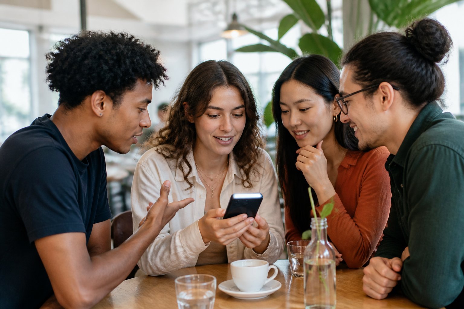 Jovens conversam em um café enquanto consultam um celular.