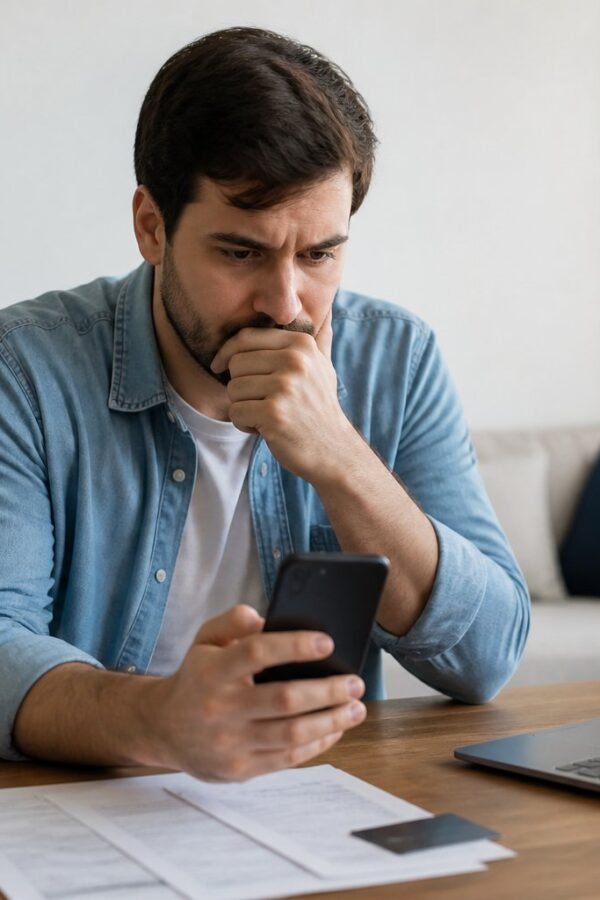 Pessoa consulta o atendimento oficial enquanto segura um celular bloqueado e observa documentos de financiamento.