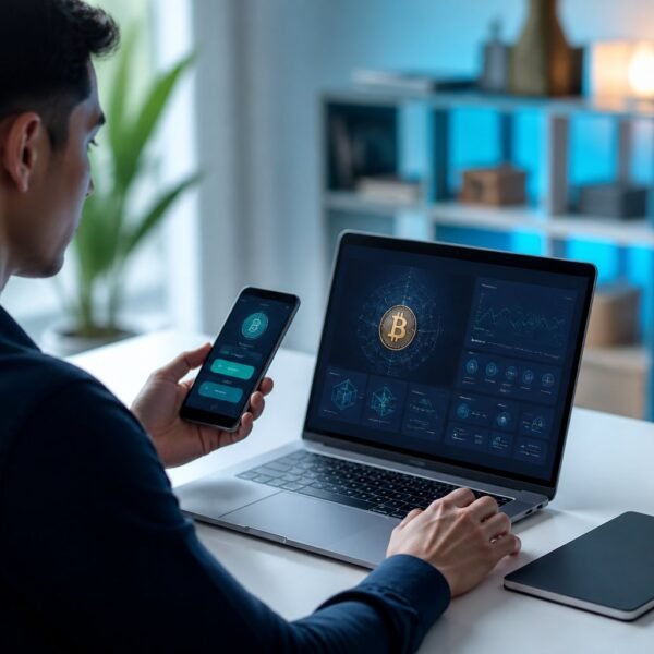 Pessoa verifica uma carteira digital de criptomoedas em um laptop e um smartphone.