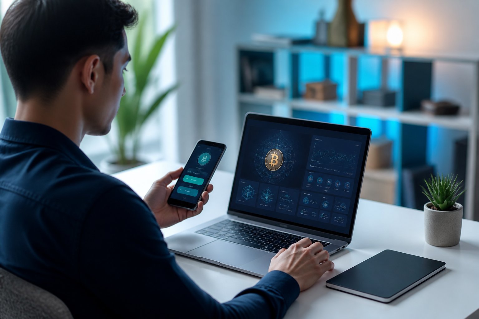 Pessoa verifica uma carteira digital de criptomoedas em um laptop e um smartphone.