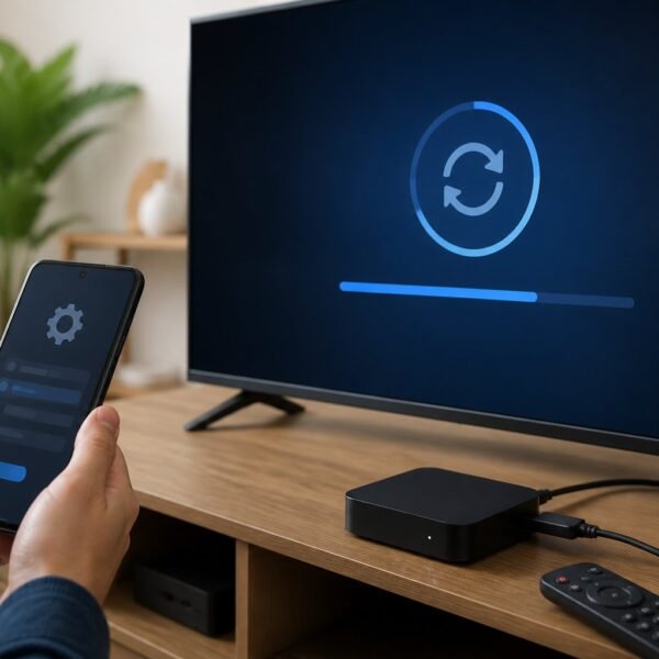 Pessoa atualizando um aparelho TV Box conectado à televisão usando um celular.