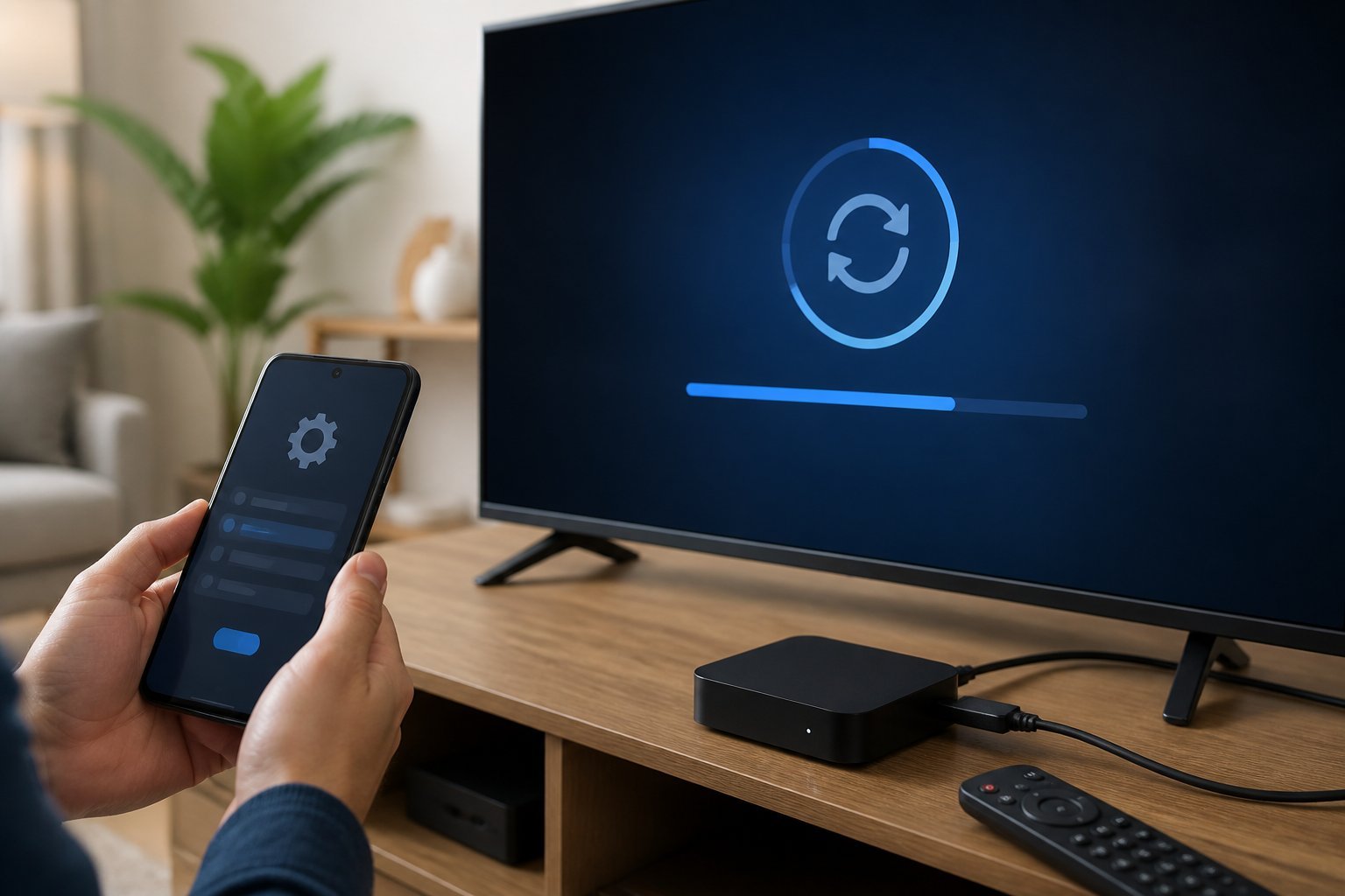 Pessoa atualizando um aparelho TV Box conectado à televisão usando um celular.